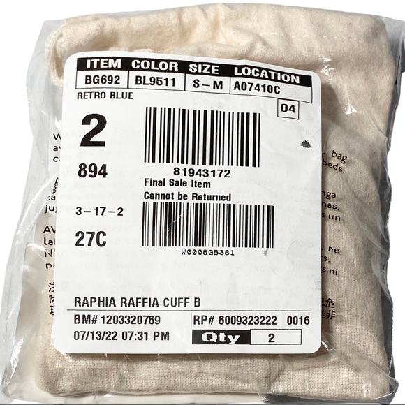 J. Crew Bracelet Cuff S-M 2-1/4” Cotton Raffia-Wrapped BG692 - Picture 9 of 10